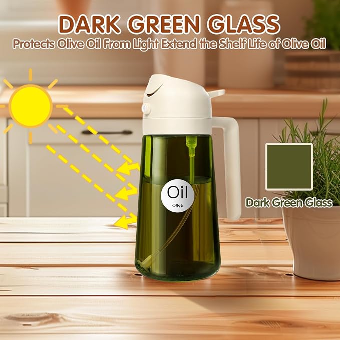 YARRAMATE 2PCS 16oz/470ml Oil Sprayer for Cooking with Stickers, Food-Grade 2 in 1 Olive Oil Dispenser Bottle for Kitchen, Premium Dark Green Glass Oil Bottle for Air Fryer, BBQ (White & Green)