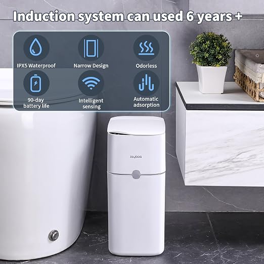 MOPUP Bathroom Trash Can, Automatic Bagging Garbage Can, 3.5 Gallon Slim Smart Small Plastic Trash Bin, Narrow Motion Sensor Trash Can for Bedroom, Office White