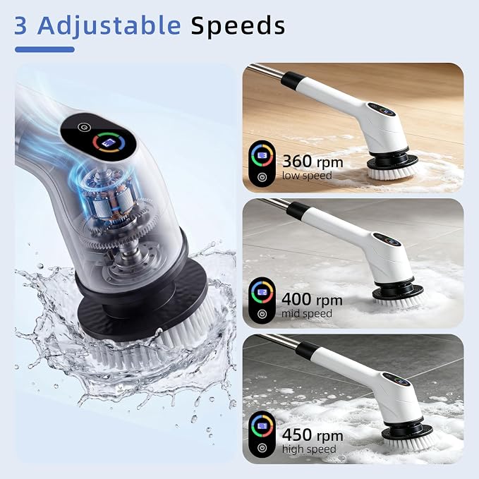 Electric Spin Scrubber Upgraded Cordless Power Cleaning Brush | IPX7 Waterproof, 3 Speed, 180-Minute Battery Life, with 8 Replaceable Heads and Adjustable Extension Handle and LED Display