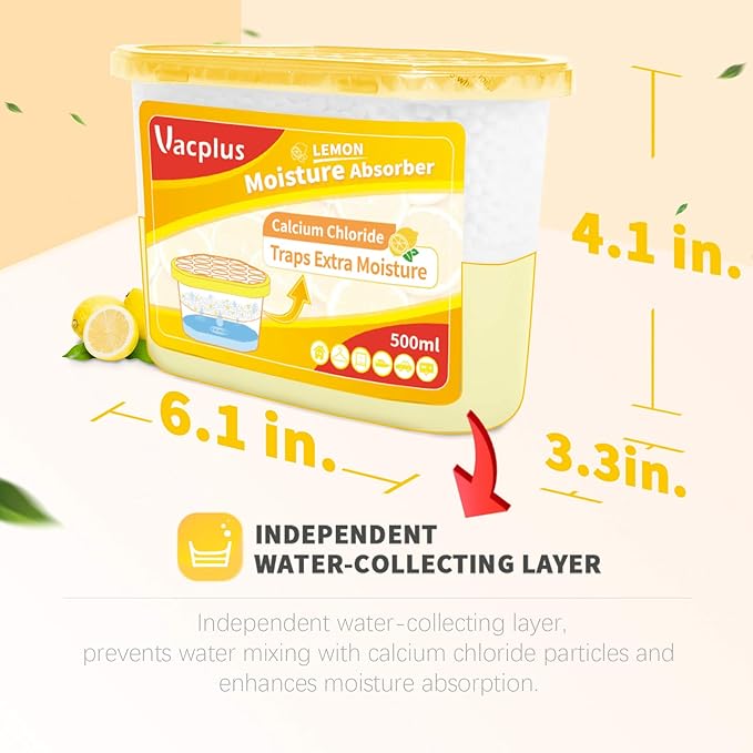 Vacplus Moisture Absorber, 10.5 OZ, Strong Absorption, Lemon Scent | Closet, Bathroom, Car, Odor Eliminator, Dehumidifier Bucket, 6 Pack
