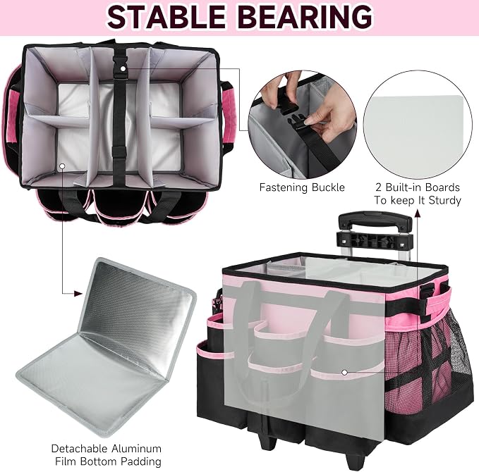 Large Rolling Cleaning Caddy Bag with Detachable Trolley,Cleaning Cart on Wheels with Shoulder Strap,Cleaning Supplies Organizer for Housekeepers,PInk