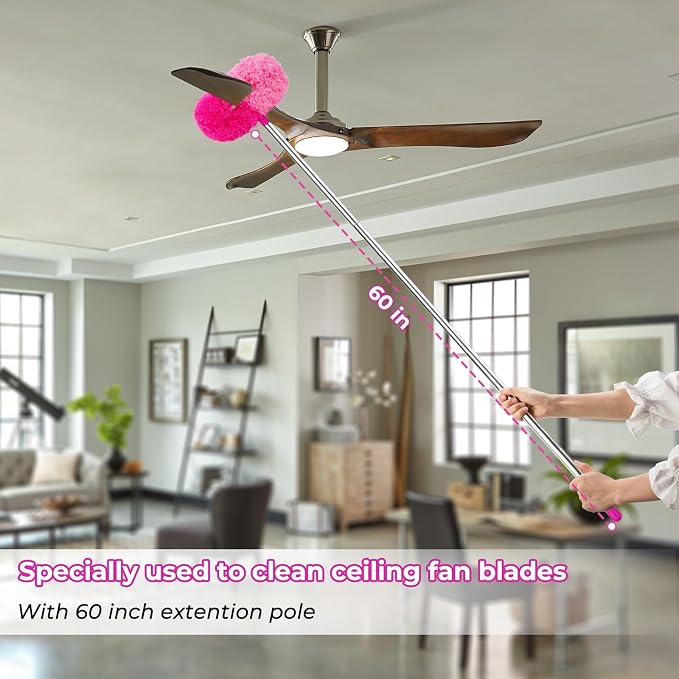 CALBEAU Pink Ceiling Fan Cleaner Duster, Ceiling Fan Duster Kit, 13PCS | Duster Kit with 60-inch Extension Pole, Storage Bag, Dusters for Cleaning High Ceilings Fan Blades