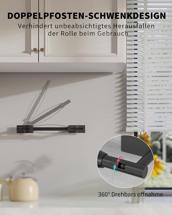 Black Paper Towel Holder Under Cabinet with Damping Self Adhesive | 304 Stainless Steel Post Pivoting Design Wall Mounted & No Drilling, Single Hand Operable for Kitchen Bathroom, Square Base
