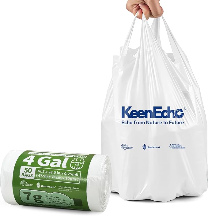 Small Trash Bags with Handles - Ocean Plastic Upcycling - Plastic Garbage Bags, Can Bin & Waste Basket Liner for Kitchen, Bathroom, Office and Pets,4 Gallon 50 Count White