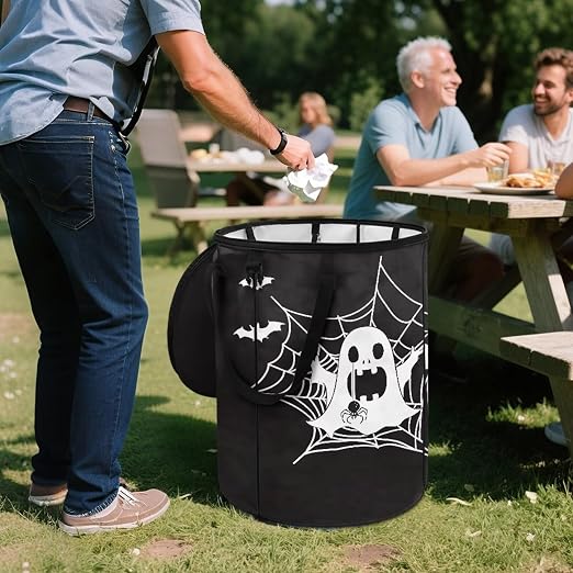 doginthehole Halloween Decorations Outdoor Trash Can with Lid 20 Gallon Spooky Ghost Spider Web Collapsible Trash Can Waterproof Garbage Bags for Car, RV's, Yard Storage Bin Halloween Fall Home Decor