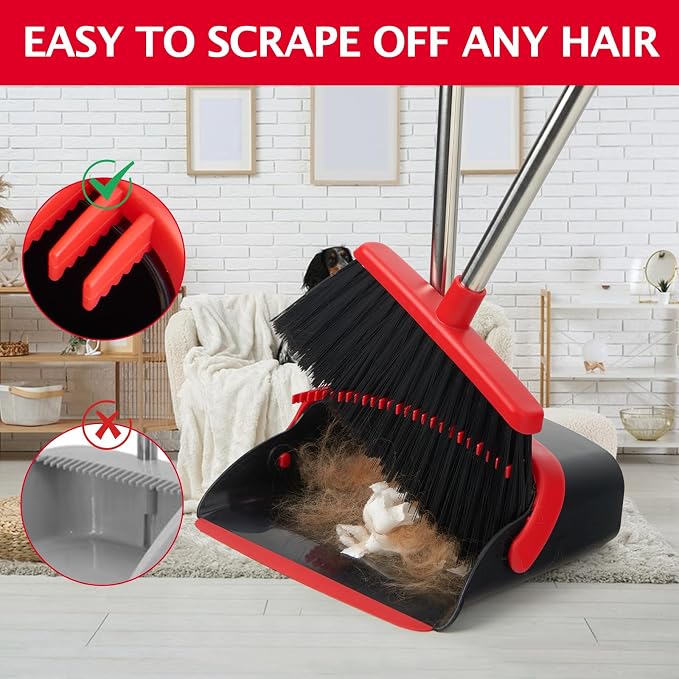 Broom and Dustpan Combo Set,51" Long Handle,Black Red | Heavy Dust, Dustpans with Broom Combo for Home, Kitchen, Office, Classroom,Apartment, Pet Hair