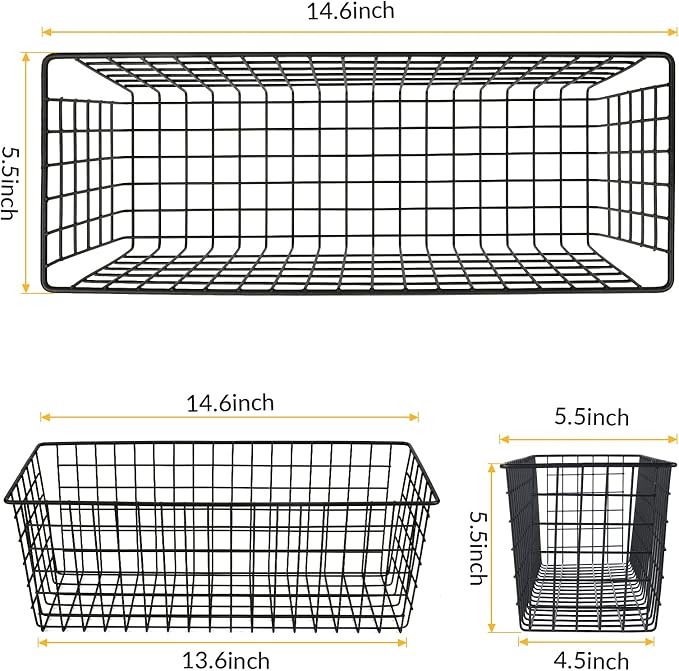 2 Sets Black Extra Large Hanging Wall Basket with Steel Hooks | Metal Wire Baskets for Organizing, Wallmounted Fruit Vegetable Toy Snack Storage, Home Kitchen Bathroom Laundry Pantry