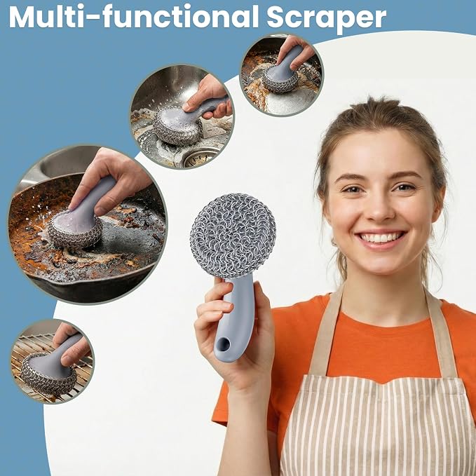 Cast Iron Scrubber with Long Handle Dish Scouring Pad Chainmail Cleaner | 316 Cast Iron Scrubber for Pan Skillet, Dishwasher Safe Cleaning Kit (Grey, 1 Scrubber + 1 Scraper)