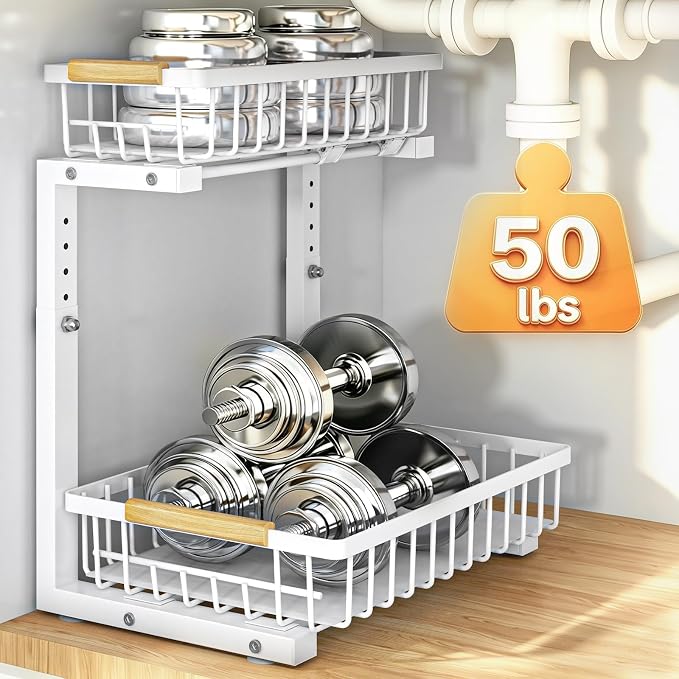 REALINN Under Sink Organizer, White 2 Pack Height Adjustable | 2 Tier Pull Out Drawer, Under Sink Organizers and Storage, Cabinet Storage for Kitchen Bathroom