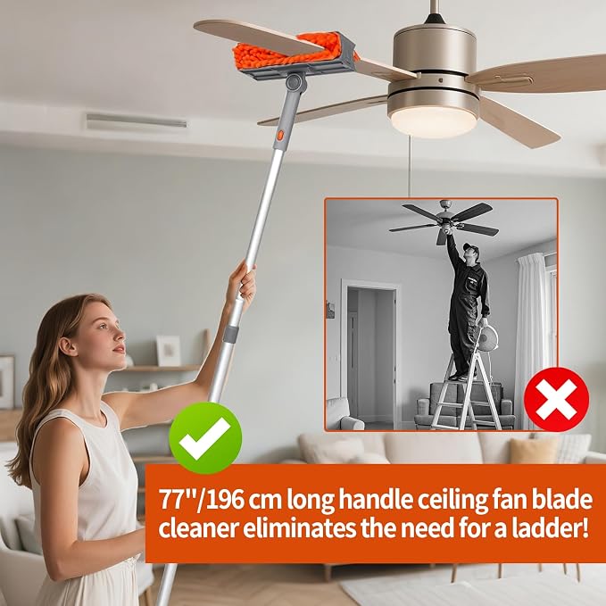 Ceiling Fan Cleaner Duster with 72‘’ Extendable Long Handle Cleaning Duster Kit, Reusable Chenille & Microfiber Mop Head for High Ceiling Fan Blade Wall Blinds Cobweb