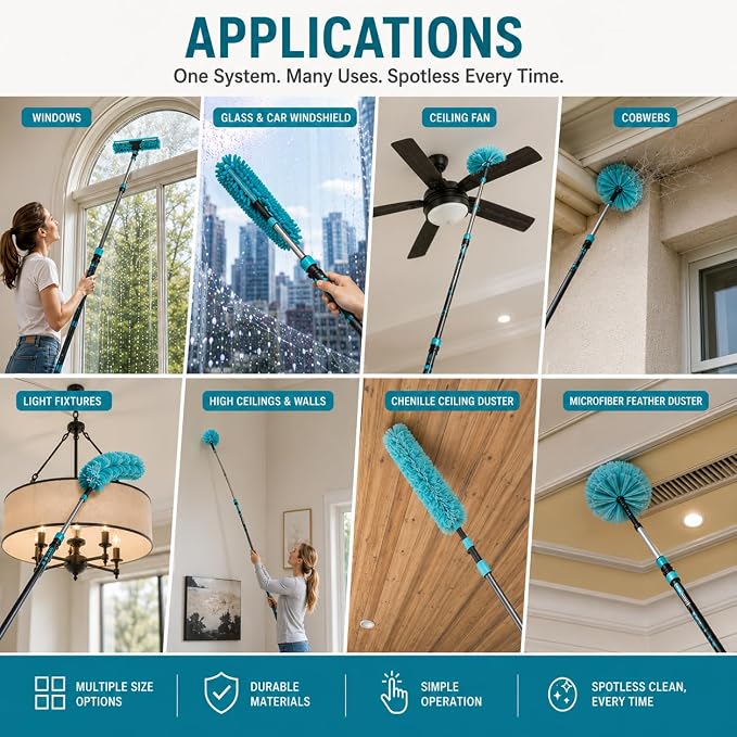 High Ceiling Duster Kit with 3-7.5T Heavy Duty Extension Pole, Reaches Up to 25FT, Includes Microfiber Feather Duster, Cobweb and Ceiling Fan Duster, Window Squeegee Cleaner & Skylight Hook (7FT)