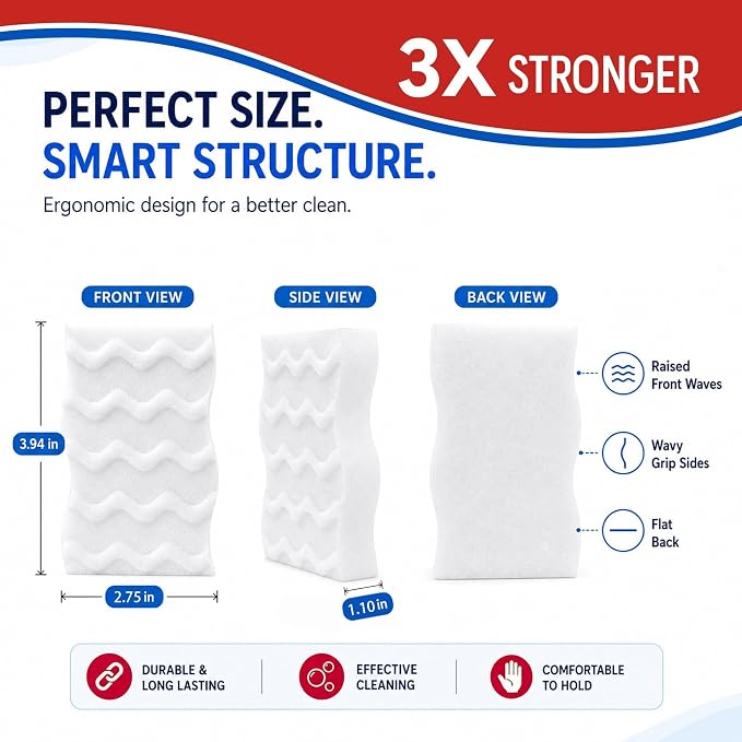 3X Density Magic Sponge Eraser, 100 Pack Cleaning Sponge for Kitchen & Bath | 3X density foam, Extra durable sponge, Ergonomic wavy grip, Deep cleaning power, Multi-surface cleaning, 100 pack value