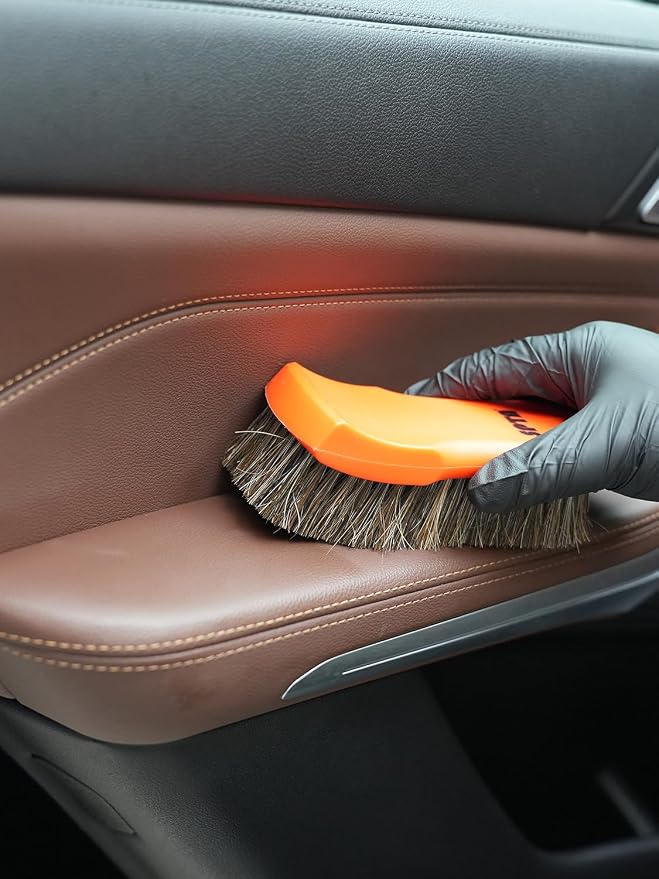 SPTA 3Pcs Car Detailing Brush Kit, Leather & Textile Interior Brush, Comfortable Grip and Scratch-Free Cleaning for Dashboard, Wheels, Seats, Foot Mats and Small Areas, Black