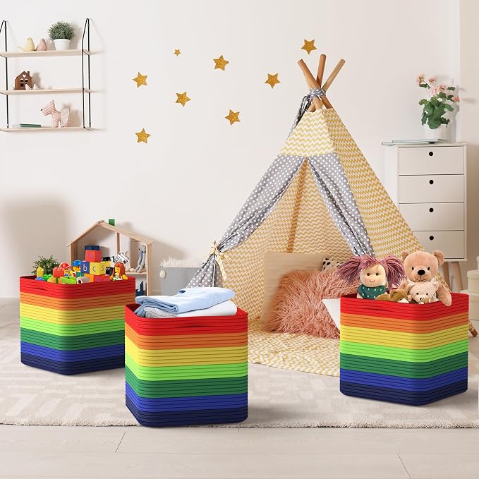 Storage Cotton Cubes 11 Inch, Woven Cotton Rope Storage Baskets for Toys Blanket Organizing, Storage Bins Decorative Organizer with Handles for Living Room Laundry Room Closet (3 Pack, Rainbow)