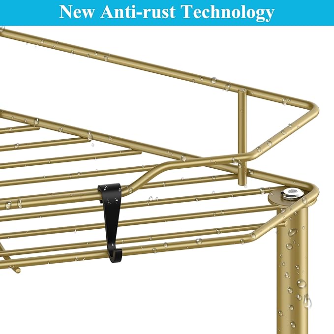 HuggieGems Metal Floor Standing Corner Shower Caddy, Gold, 4 Tier | Adhesive Bathroom Organizer Shelves, Free Standing Shower Rack with Hooks, Hold Large Shampoo Bottles