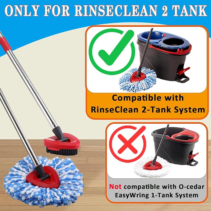 Mop Heads Replacement Handle for Ocedar RinseClean 2-Tank System, 2 Microfiber Mop Refills, 1 Mop Handle (30-58in Adjustable 4-Section Pole), 2 Scrub Brush, 1 Spin Base for O Cedar RinseClean