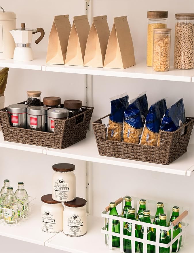 StorageWorks Pantry Baskets for Shelves, Wicker Baskets, Brown Paper Rope | Pantry Baskets for Patato and Onion Storage, Stackable Wicker Basket Organizer for Shelf, Woven Basket for Storage, 2-Pack