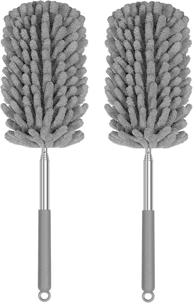 Hand Duster for Cleaning, 360° Bendable Duster with Telescoping Extension Pole, Extendable Washable Mini Dusters for Home, Office, Car, Furniture (2 Pack Grey)