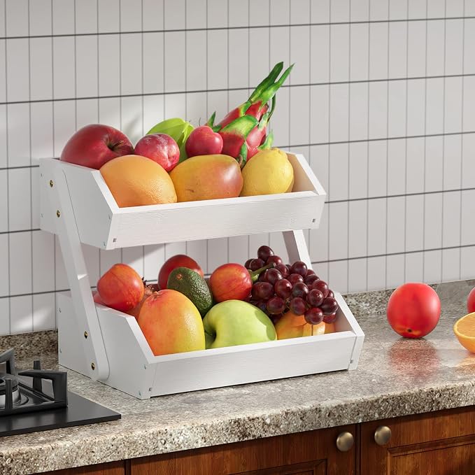 G.a HOMEFAVOR 2-Tier Fruit Basket for Kitchen Counter, White, Self-assembly | Bamboo Fruit Bowl, Vegetable Storage for Fruit Shop and Home Organizer, 15 mm Thickness