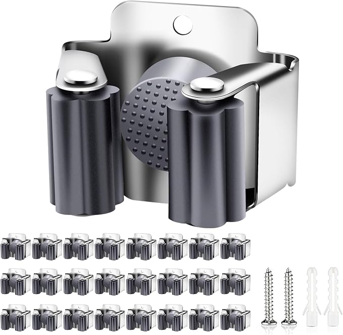Verdenu 25 Pack Broom Holder Wall Mount, Mop and Broom Holder Wall Mount, Stainless Steel Command Mop Holder with Screws, Garden Tool Storage Organizer for Kitchen, Home, Bathroom, Garage, Grey