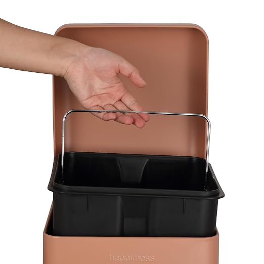 happimess Betty 8 Gal Step Trash Can Soft-Close Lid, Clay Rose | Removable Liner, Semi-Rectangular, Steel Pedal, Iron Powder Coated, 27" Height, Non-Skid Base