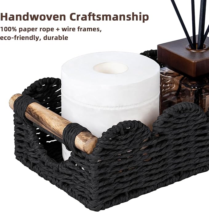 CubesLand Toilet Tank Paper Storage Basket Bathroom Decor Organizer Basket | Scalloped Decor Basket for Home, Living Room, Nursery, Wicker Bathroom Shelves Organization & Decorative Tray, Black