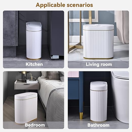 Bathroom Trash Can with lid 2.5 Gallon Motion Sensor White and Golden | Slim Wastebasket, Automatic Trash Bin Bathroom Decor for Bedroom and Office
