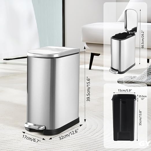 SYNCVIBE Bathroom Trash Can with Soft Close Lid 3.5 Gallon Silver | Stainless Steel Garbage Can with Removable Inner Bucket Slim Trash Bins with Step Pedal for Bedroom, Office