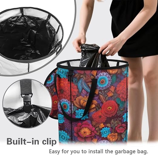 BIGCARJOB Hippie Floral Outdoor Trash Can Storage Collapsible Pop-up Recycle Trash Can 22.83x17.71 Waterproof Garbage Bin Bag with Lid and Clip