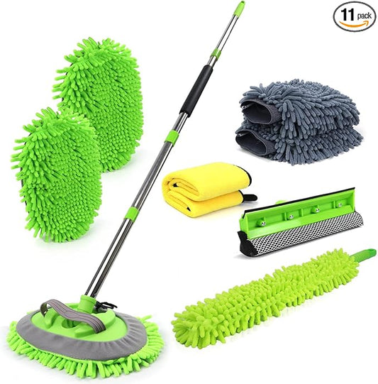 HITJOY 62'' Car Wash Brush with Long Handle, 11Pcs Car Wash Kits | Car Cleaning Kits, Windshield Window Squeegee, Car Duster Microfiber Towel Gloves for Cars, RV, SUV, Truck