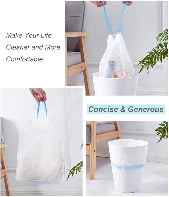 Small Garbage Bags, 1.2 Gallon Trash Bags for Bathroom Trash Can Liners with Drawstring 60 Counts, Waste Basket Trash Bags Auto Shrink, White