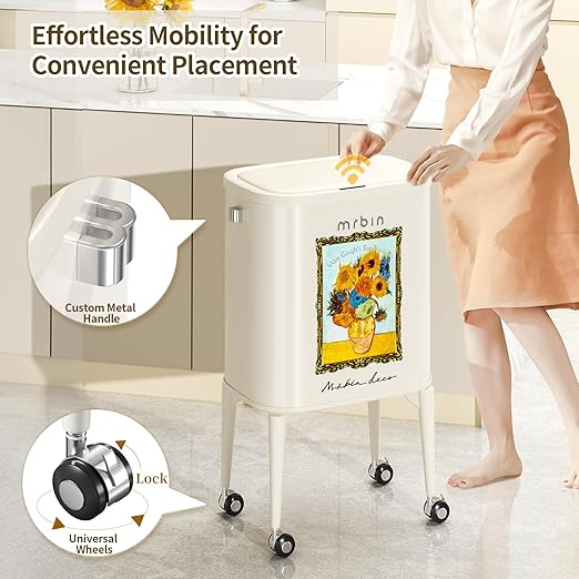 MRBIN Metal Motion Sensor Kitchen Trash Can with Wheel Legs, 36L / 9.5gal Slim Waste Basket with Lid, Pet Proof Tall Narrow Garbage Pail for Vanity, Bedroom, Bathroom, Living Room, Sunflower