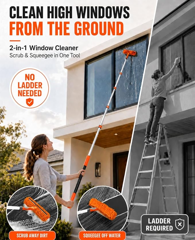 20 FT Ceiling Fan Cleaner Dusters with Telescoping Extension Pole | Extendable Duster for High Ceiling, Light Bulb Changer, Window Squeegee Washing Kit, Cobweb Brush Duster