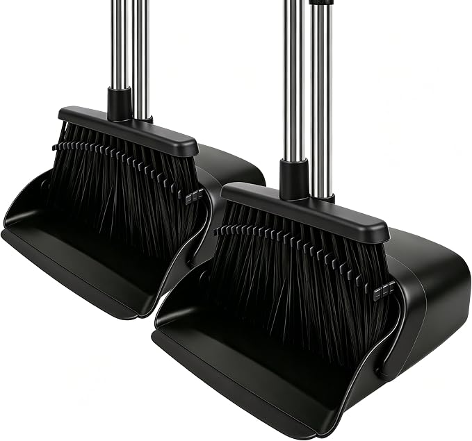 Black Broom and Dustpan Set 2 Pack, Long Handle Floor Cleaning | Self-Cleaning Comb Teeth, Upright Storage, Indoor Outdoor Sweeping for Home, Kitchen, Garage and Pet Areas