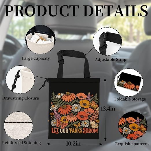 Vintage Floral Butterfly Car Garbage Bag Canvas Trash Can | Rustic Botanical Wildflower Drawstring Car Trash Bag Hanging for Back Seat with Adjustable Buckle