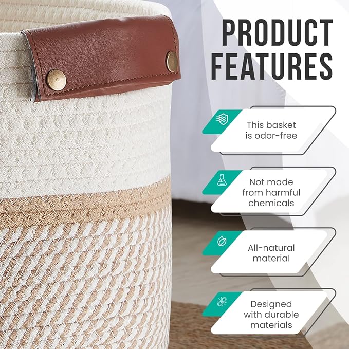 3 Pack Woven Cotton Rope Storage Basket, 15x10x9, White/Brown | Faux Leather Handles; Decorative Closet Shelf Organizer; Ideal for Storage & Organization