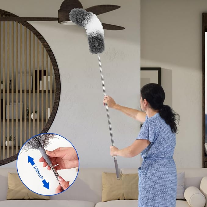 Dusters for Cleaning,9Pcs Feather Duster with Extension Pole Up to 100'',Bendable Extendable Long Feather Duster for Cleaning Fan,High Ceiling,Blinds,Furniture,Cars