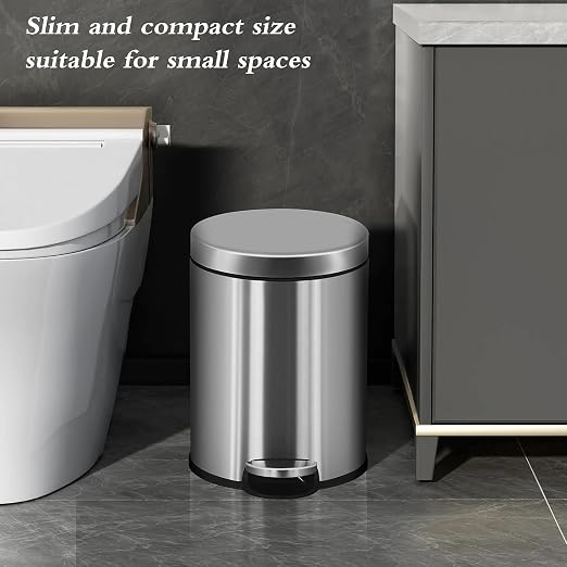 Trash Can, Mini Stainless Steel 6 Liter/1.6 Gallon Bathroom Trash Can Step Garbage Can Round Trash can with Lid w/Removable Inner Bucket Waste Basket for Bathroom Kitchen Office