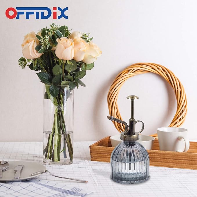 OFFIDIX Plant Mister Plant Water Spray Bottle, Vintage Style Gray 6.7 oz | Plant Misters with Bronze Plastic Top Pump Fine Mist One Hand Glass Small Watering Can for Indoor Plant 200 ml spray bottles