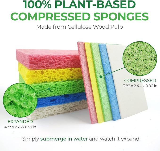AIRNEX Compressed Cellulose Sponges - 32 Pack Natural Pop Up Dish Sponge for Kitchen - Compostable Plant-Based Cleaning Sponges Bulk – Non Scratch Natural Sponge for Dishes & Household Cleaning