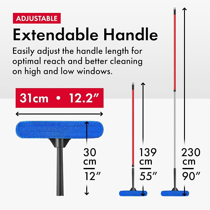 Tyroler Window Washing Kit with Extension Pole 4.5 to 7.5 Ft Handle | Telescopic Window Squeegee Tool With Natural Rubber Blade For Better Reach And Streak-Free Window Cleaning