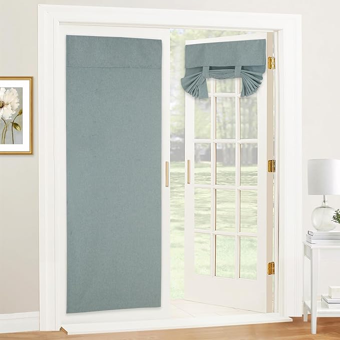 RYB HOME Linen Blended French Door Shades Self Adhesive, Privacy Room Darkening Glass Door Window Curtains for Kitchen Patio Sidelight Curtain Tie Up Shade, W 34 x L 69 inch, 1 Pc, Stone Blue