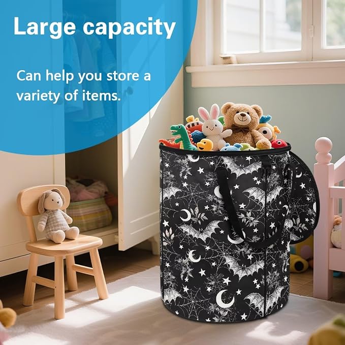 Halloween Bat 24 Gal Collapsible Trash Can w/Lid Waterproof Foldable Garbage Bin for Camping, Backyard & Hiking | Heavy Duty Pop-Up Design Car Camping Gear Holiday Gifts