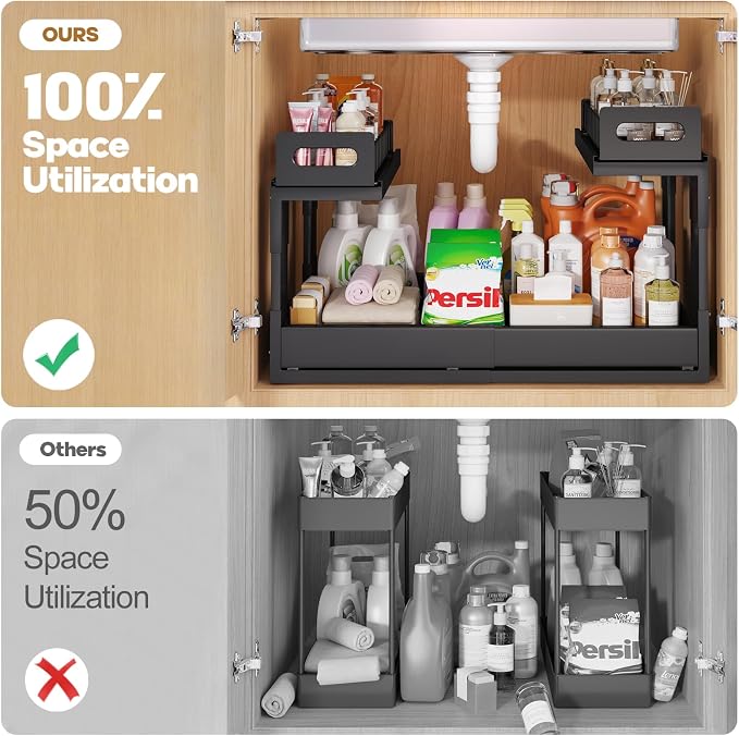 1 Pack Expandable Under Sink Organizers And Storage With Upgrade Ball-Bearing Slide Tracks,2-Tier Pull Out Under Cabinet Organizer Height Adjustable,Slide Out Under Sink Drawers-Black(Patent Pending)