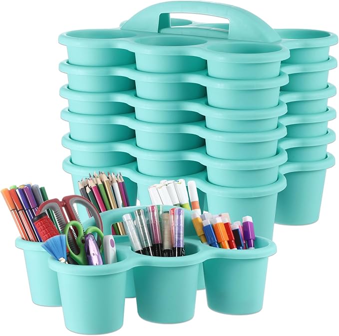 gisgfim 6 Pack Classroom Caddy Organizer with Handle, 6 Compartments, Blue | Stackable Plastic Table Caddies, 12x9x3.5 In, caddy Organizer for School Supplies, Crayons, Pencils, Crafts and Drink Cups