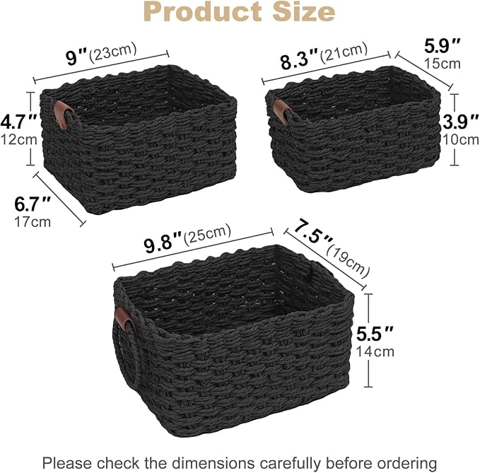 Paper Rope Storage Baskets Set of 3, Handwoven Decorative Wicker Organizer Bins with Handles for Shelves, Bathroom, Closet & Pantry, Soft Woven Nesting Storage Basket Set (Black)