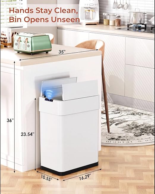 TLSUNNY 13.2 Gallon Automatic Trash Can, Motion Sensor Garbage bin | Stainless Steel Smart Trash Can W/ Butterfly Lid, Bag Retainer Ring for Living Room, Kitchen, Office (White, 50L)