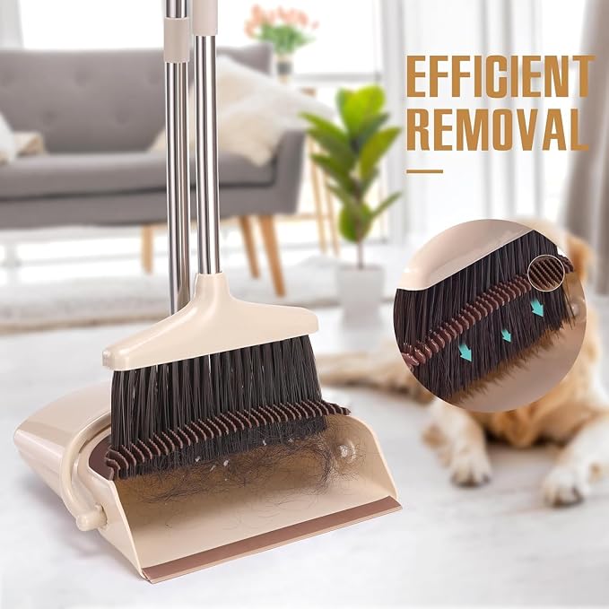 Broom and Dustpan Set with Long Handle, Light Weight Stainless Steel Poles Stand Upright Dustpans with Broom Combo for Home Kitchen Office Pet Dog Hair, Brown & Beige Color, 1-Pack