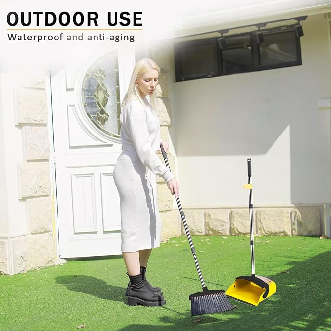 2-Pack is More economical，Brooms with Dustpan Combo Set，with 52" Long Handle, Dustpan Teeth with self-Cleaning Function, Indoor and Outdoor Sweeping, Perfect for Home Office (Large/Yellow /2-Pack)