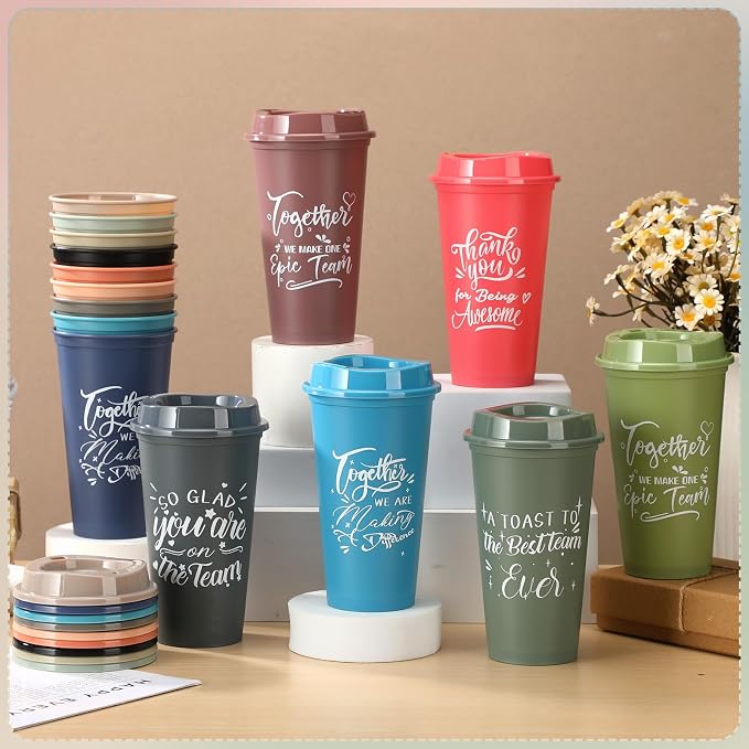 Pickmesh 15 Pcs Housekeeping Employee Appreciation Gifts Cups,Morandi Color | 16 oz Plastic Tumblers with Lids, Reusable Coffee Cups, Thank You Gifts, for Staff Volunteer Coworker Teacher